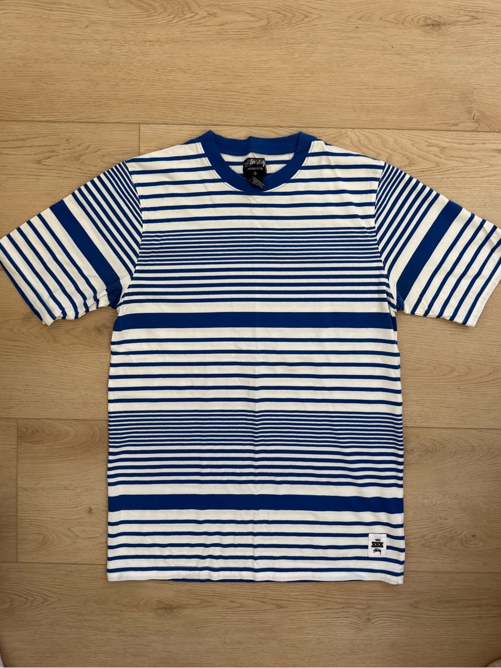 Vintage Stussy Blue & White Horizontal Stripe Short Sleeve Crewneck Cotton Tee S